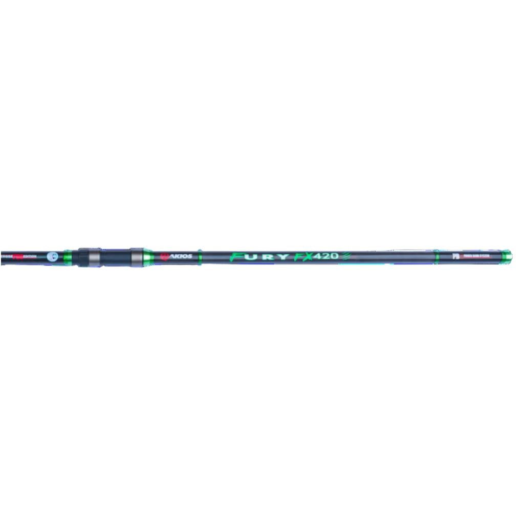Fishing rod with visible branding on a white background