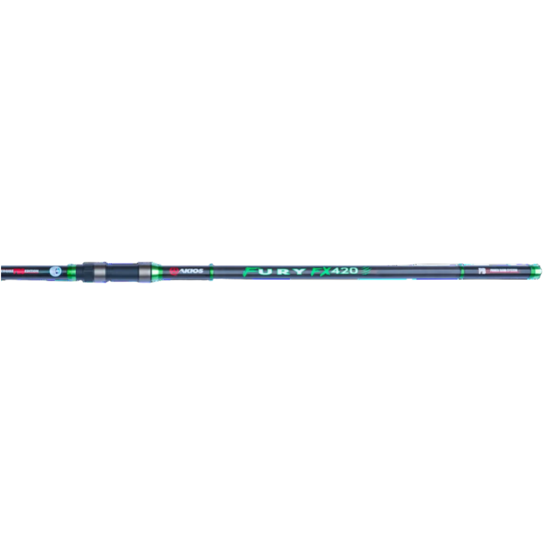Fishing rod with visible branding on a white background