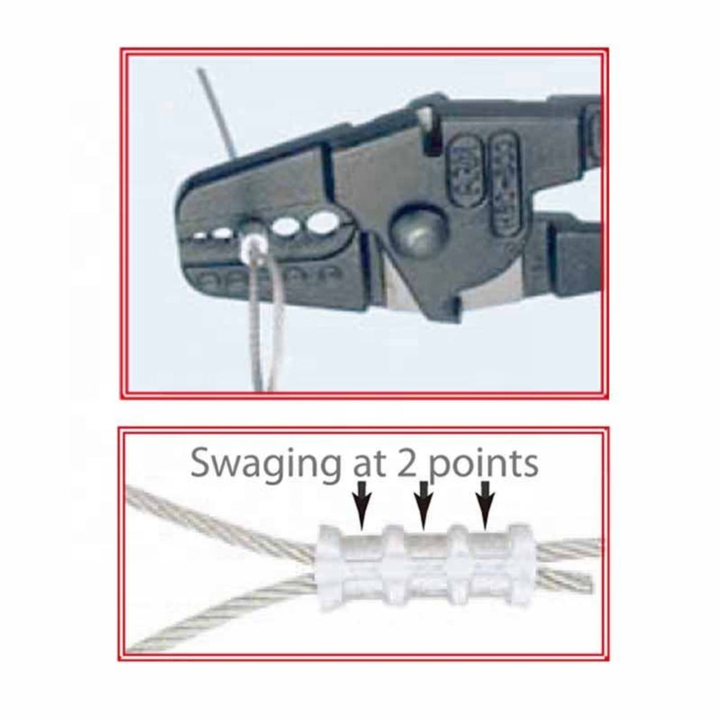 Cable stripper tool with cable swaged at two points on a white background