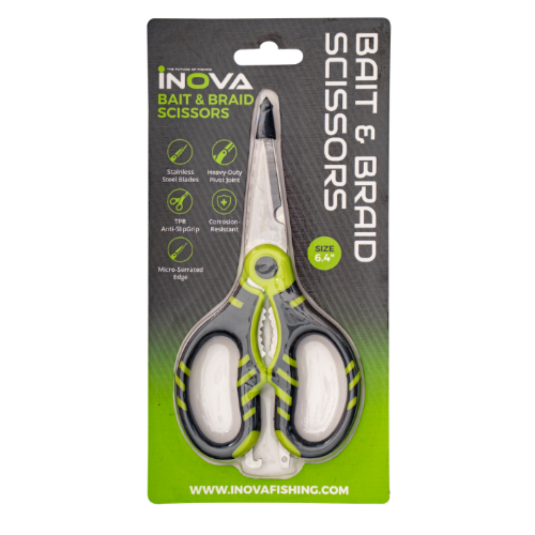 Inova Bait & Braid Scissors in size 64, packaged on a black and green retail card. The scissors feature lime green and black handles with silver stainless steel blades.