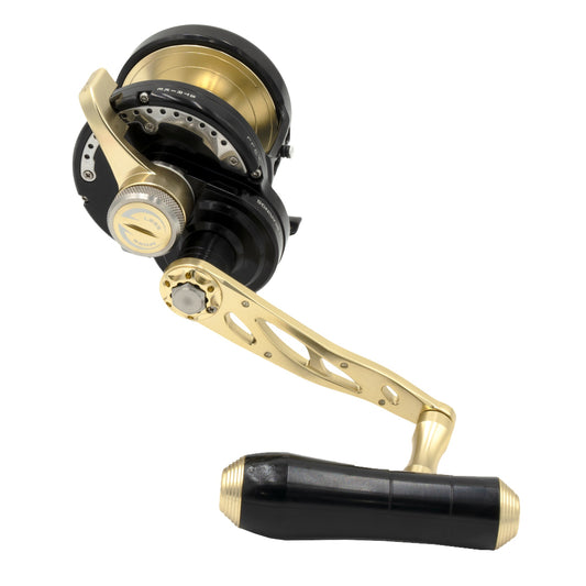 Fishing reel with gold and black design on a white background
