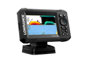 Lowrance fishfinder with screen displaying sonar graphics on a white background