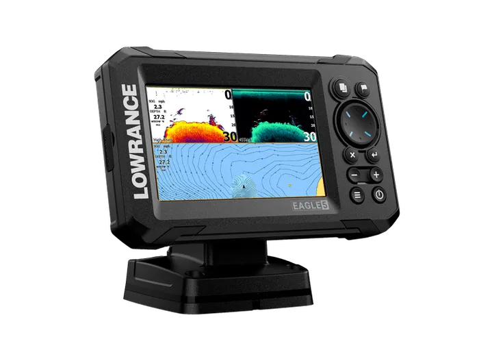 Lowrance fishfinder with screen displaying sonar graphics on a white background