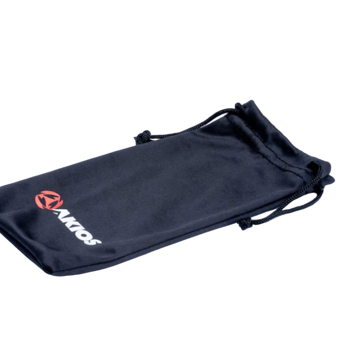 Black drawstring bag with a logo on a white background