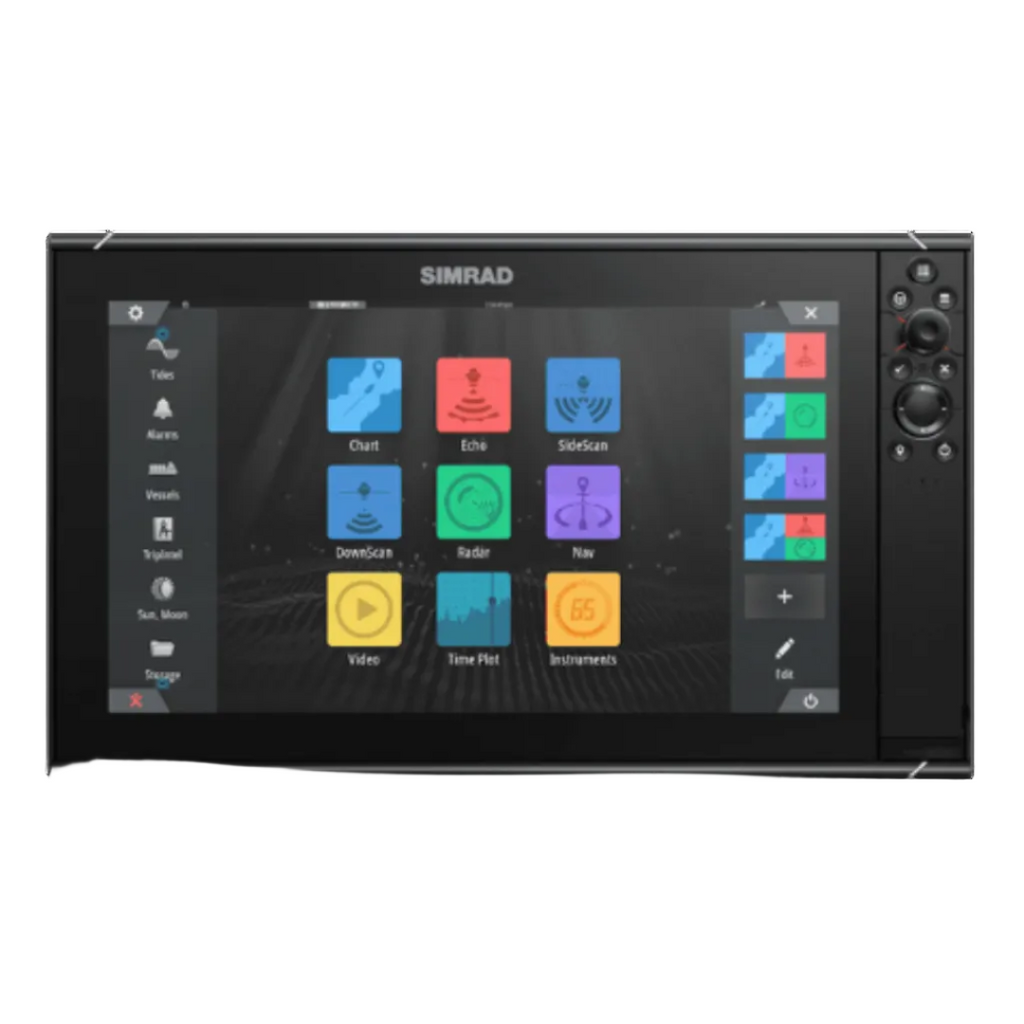 Simrad marine display with touchscreen interface on a white background