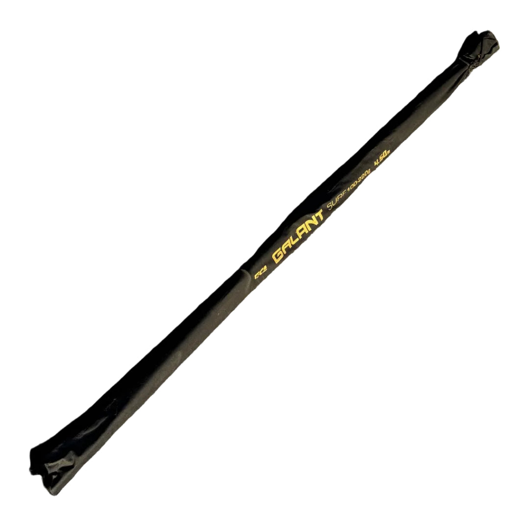 Tica Galant 4.5 m 3-piece surf rod displayed in its black storage bag, long carbon fibre surfcasting rod designed for distance casting