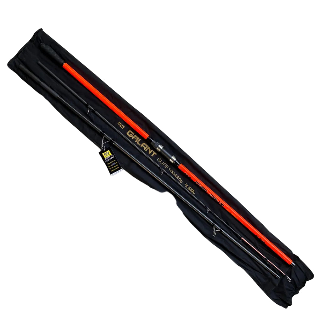 Tica Galant 4.5 m 3-piece surf rod – long-distance carbon fibre fishing rod in section on rod storage bag