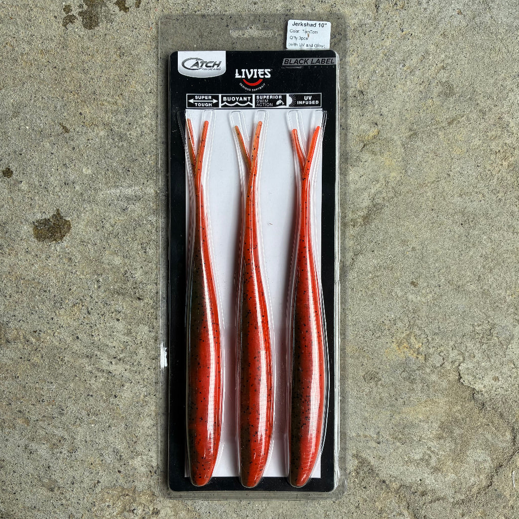 Tom Tom UV 10 inch Catch Black Label Livies oversized jerkshad soft bait
