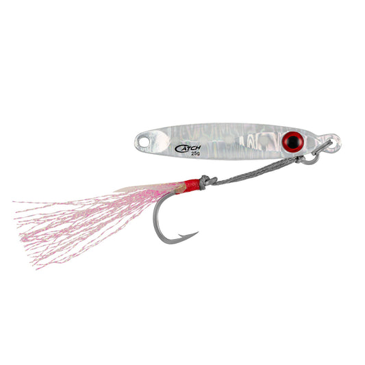 Fishing lure with a hook and pink skirt on a white background