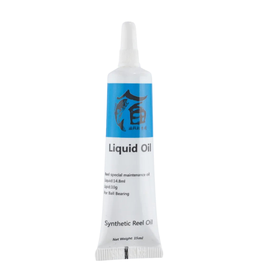 A 15ml squeeze tube of synthetic reel oil with a white cap and body, featuring a blue label with a stylized logo and black text.