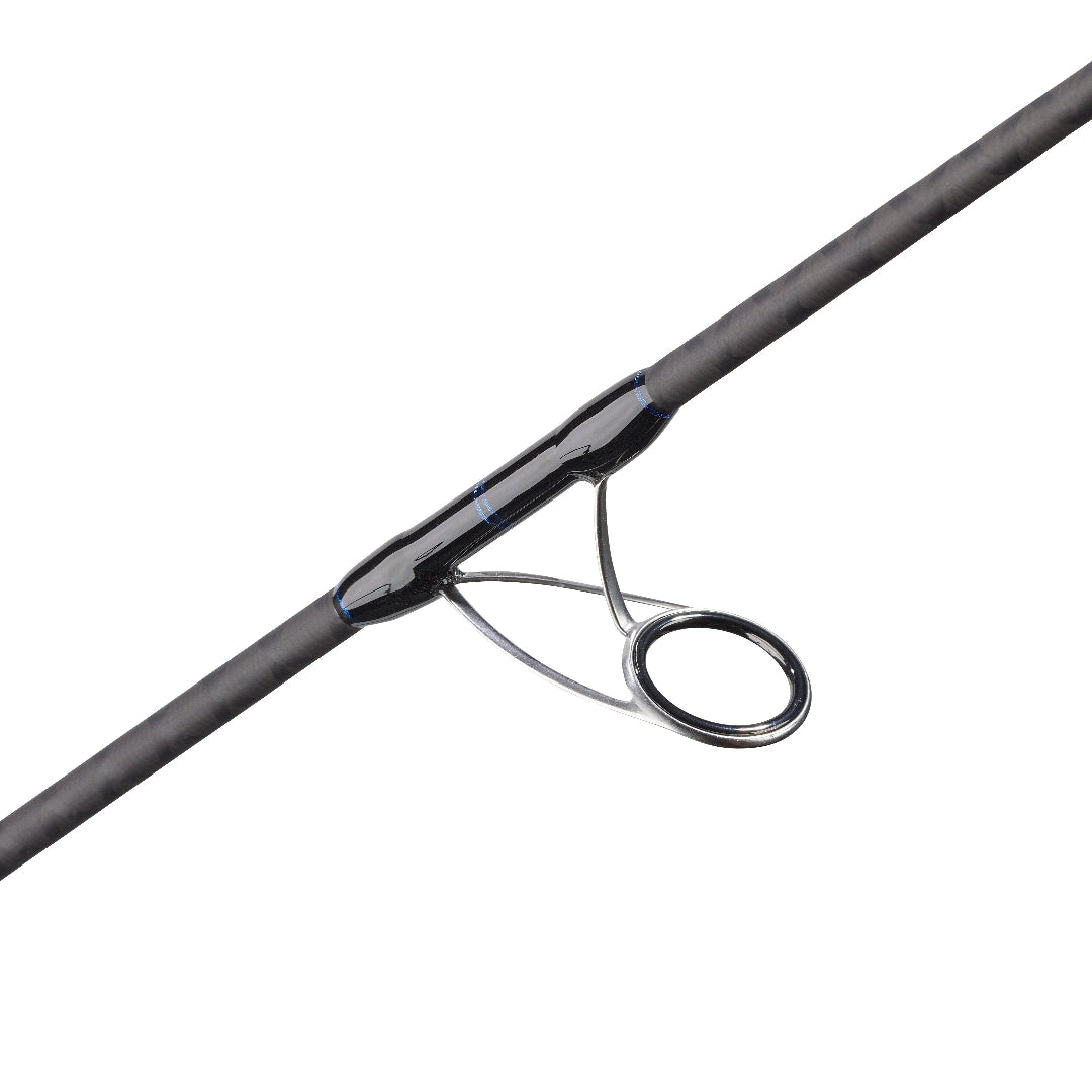 Close-up of a dark gray to black fishing rod section with a metal guide ring and small blue accent lines, shown on a plain white background.
