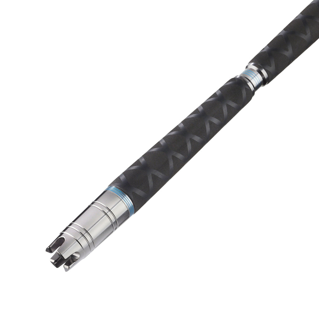 A close-up of a black carbon-fiber-patterned rod or shaft with metallic silver ends and a thin blue accent ring, shown on a plain white background.