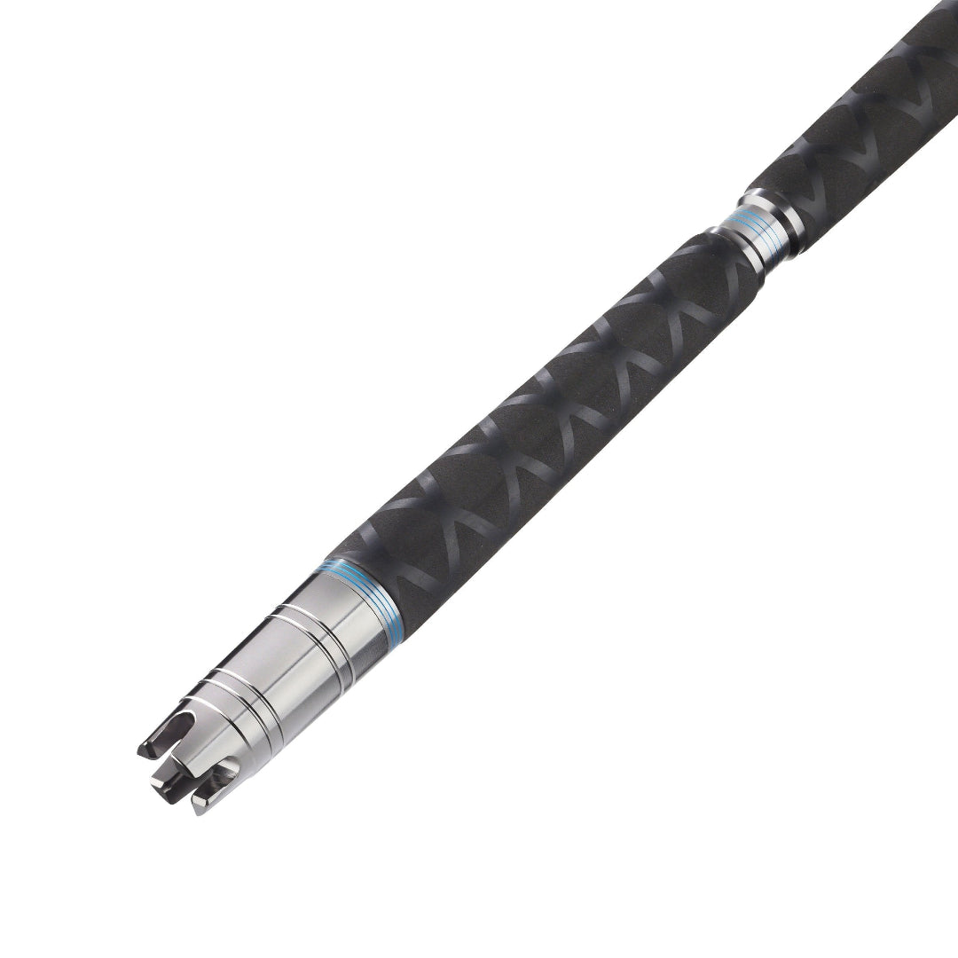 A close-up of a black carbon-fiber-patterned rod or shaft with metallic silver ends and a thin blue accent ring, shown on a plain white background.