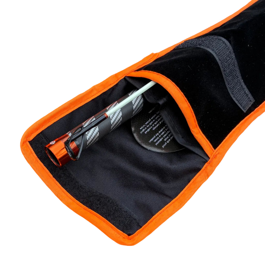 akios krave 2-piece 13ft surf rod storage bag close up open with rod sections inside