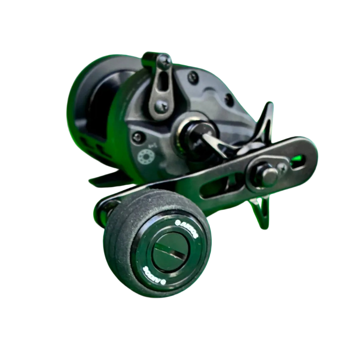 side shot of Akios Nitron F16 overhead surfcasting reel