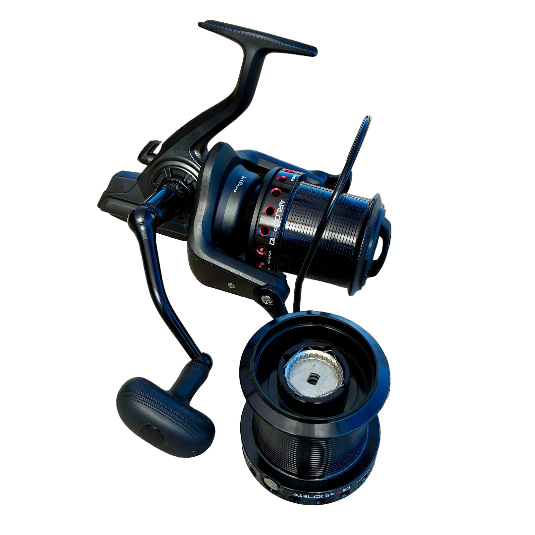 Black akios long cast surfcasting reel with spare spool