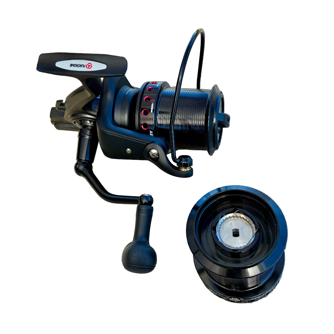 akios airloop black r10 surf reel from above with spare spool