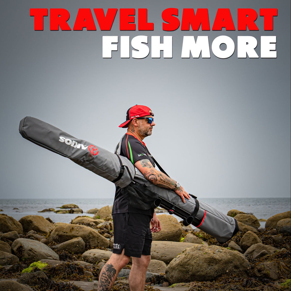 A man carrying a large gray Soavy fish bag on his shoulder while walking along a rocky shoreline, with large text at the top reading 'TRAVEL SMART FISH MORE' and the Akios logo at the bottom right.