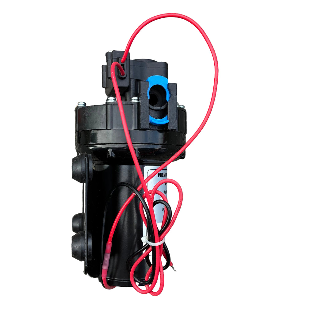Black mechanical pump with red wiring on a white background