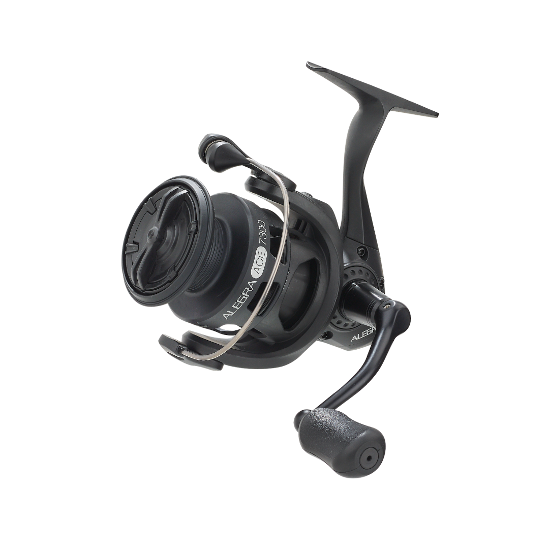 Fishing reel with 'Aleva' branding on a white background