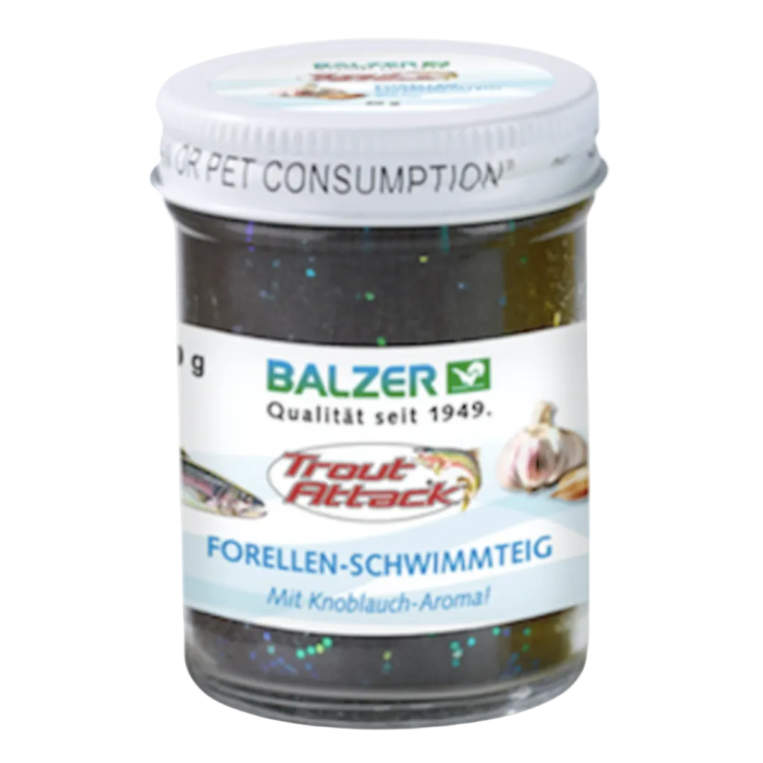 A jar of Balzer Trout Attack fishing bait, specifically Forellen-Schwimmteig with garlic aroma, featuring a white lid and a white label with blue and red text.