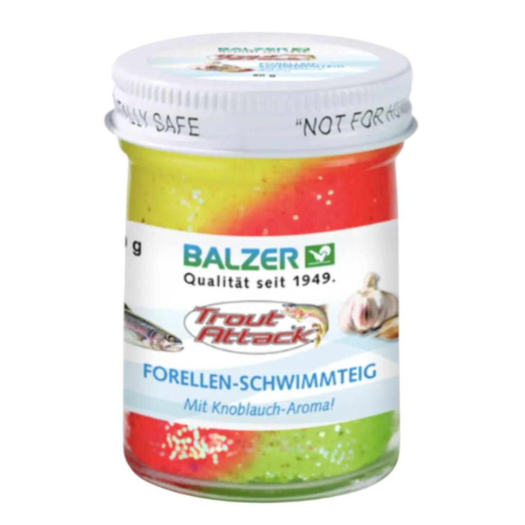 A jar of Balzer Trout Attack trout swim bait with a white lid and a white label featuring the brand name and product details. The bait inside is a vibrant green and red mixture with visible glitter flakes.