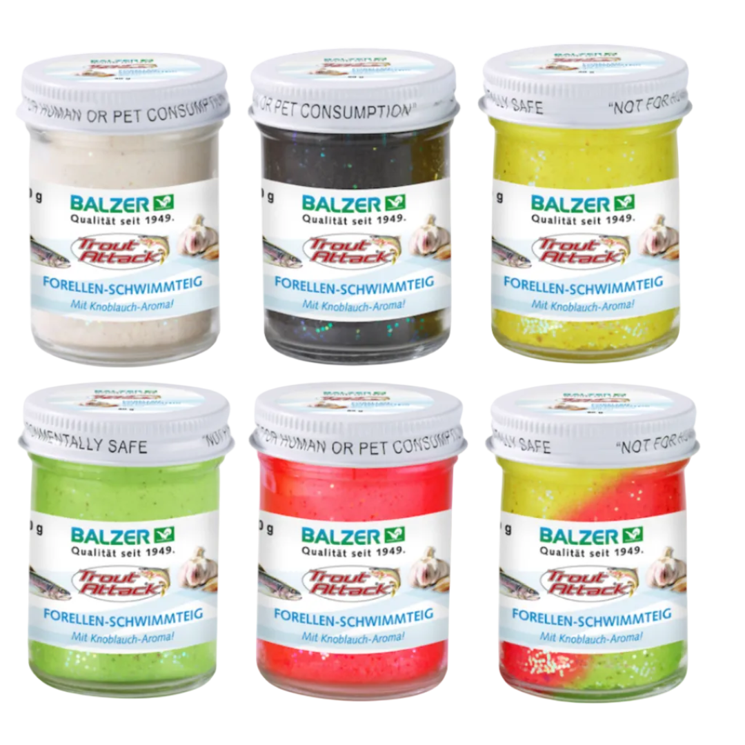 Six jars of Balzer Trout Attack fly adhesive in different colors (green, black, yellow, light green, red, and orange-green) arranged in two rows of three on a white background.