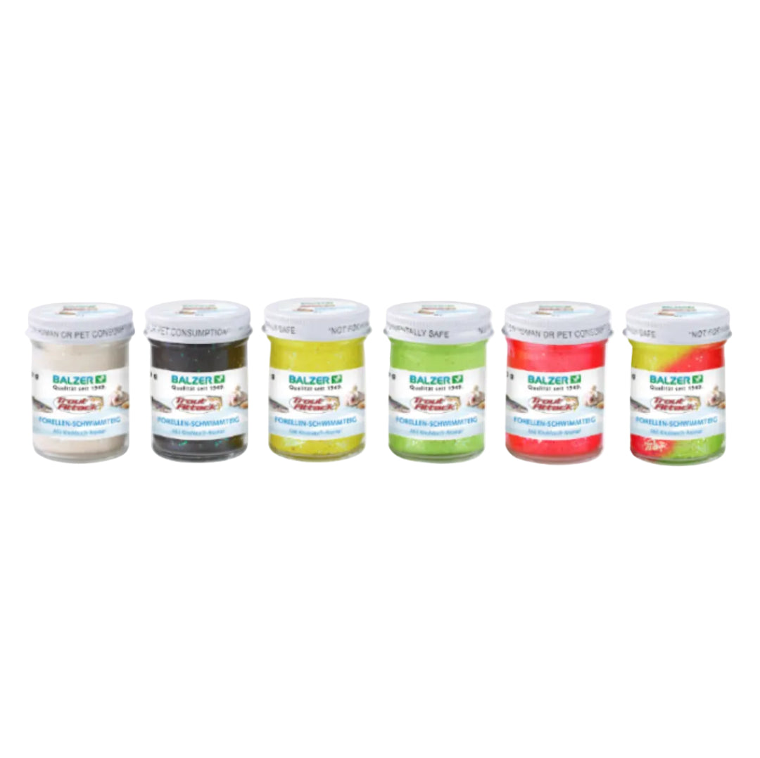 Six small jars of Balzern K2 Flow Adhesive Cement in different colors (silver, black, yellow, green, red, and light green) arranged in a row against a white background.