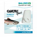 Balzer Camtec Speci Forelle trout fishing line package, showing a rainbow trout, a small inset of the hook, and product specifications on a light blue and white background.
