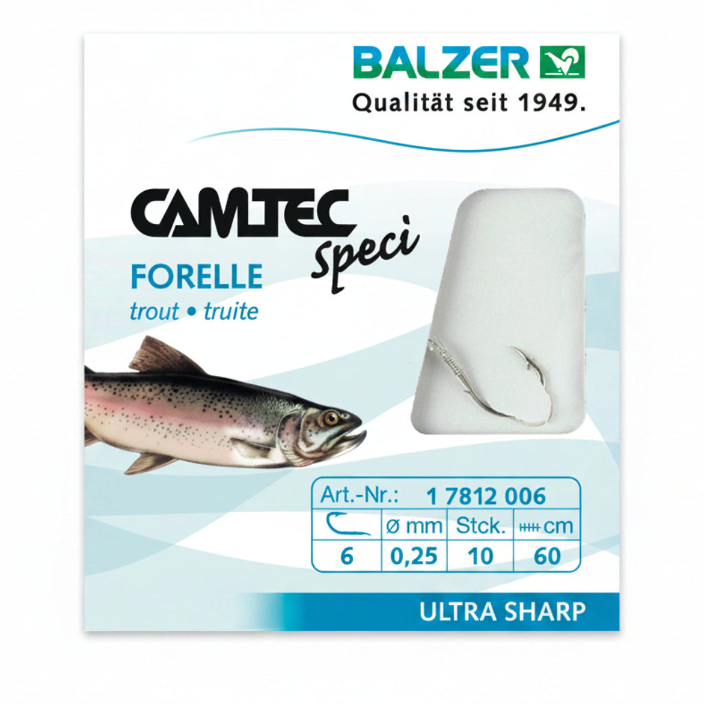 Balzer Camtec Speci Forelle trout fishing line package, showing a rainbow trout, a small inset of the hook, and product specifications on a light blue and white background.