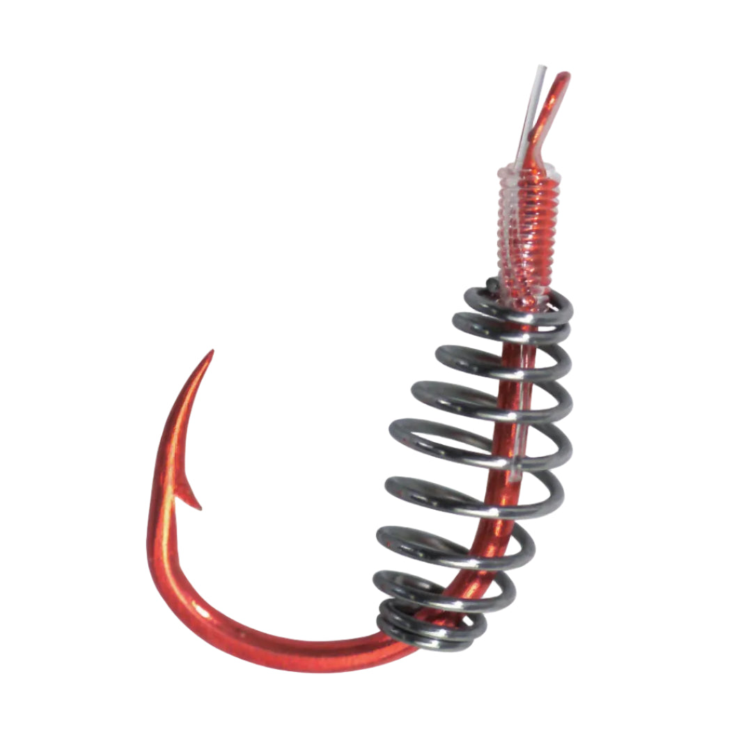 A fishing hook with a metallic red body, a black metal spring, and a clear plastic tip with red thread wrapping, shown against a plain white background.