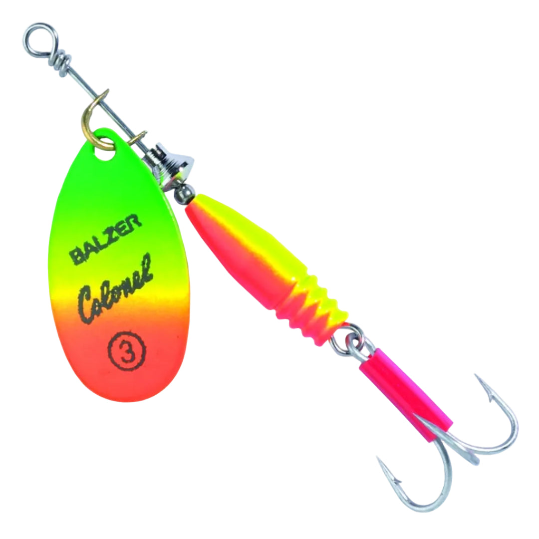 Colorful fishing lure with 'Balzer Colonel' branding on a white background