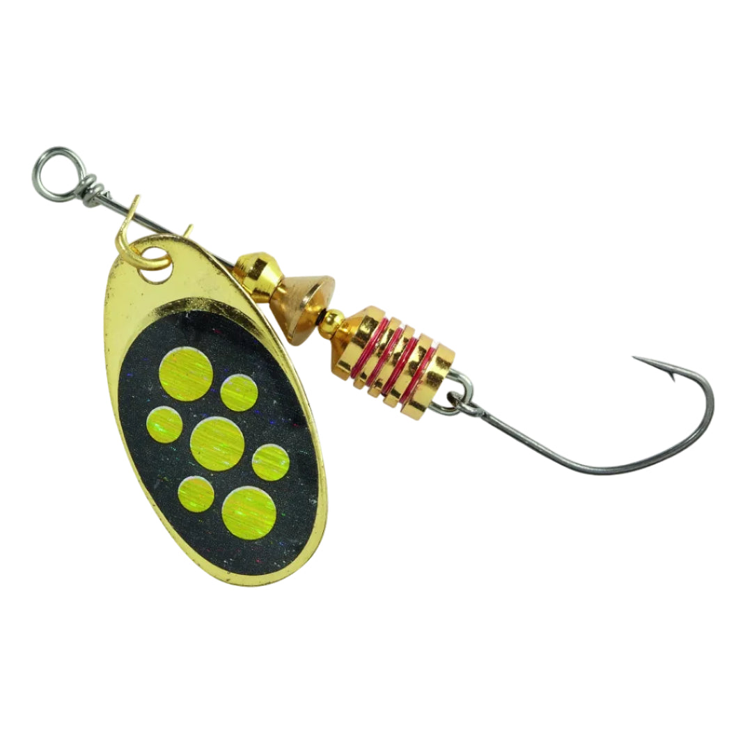 Fishing lure with gold and black design on a white background