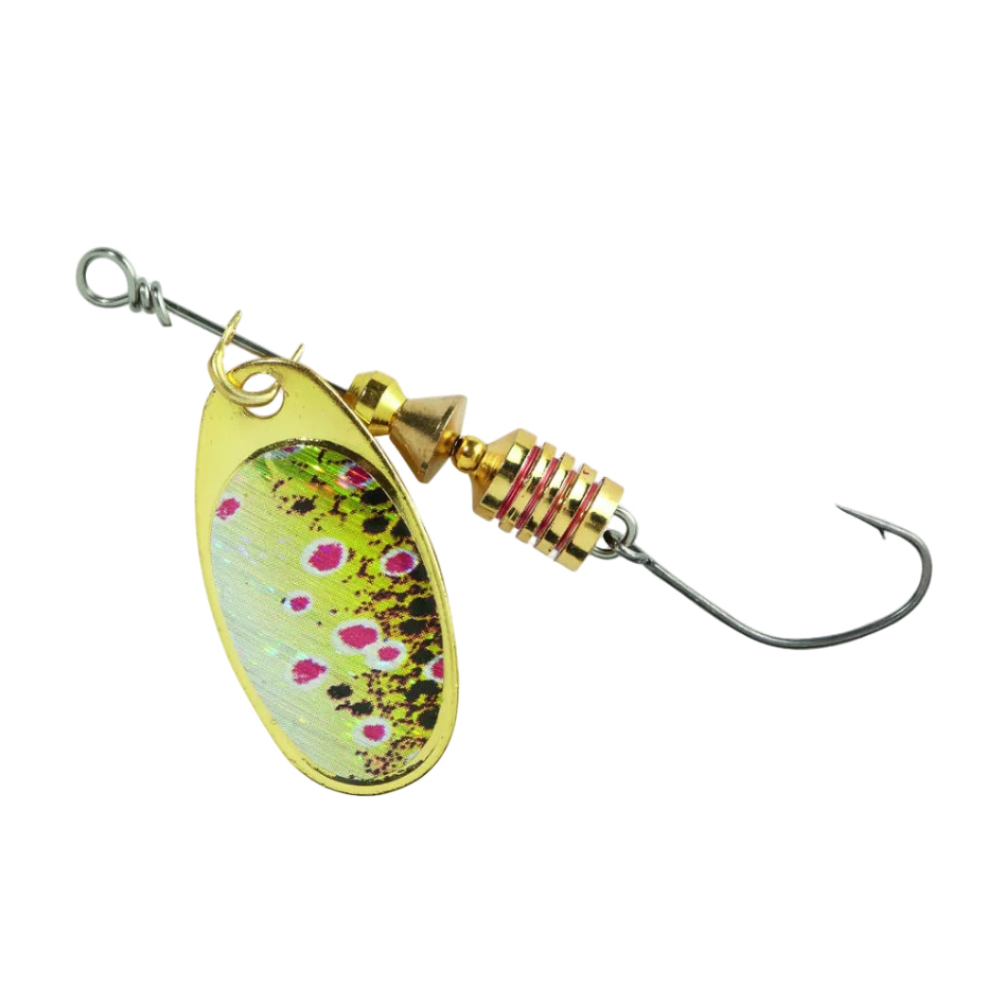 A fishing spinnerbait lure with a gold-toned metal body, a hook on the right side, and a reflective oval blade featuring a yellow, green, and pink fish-scale pattern, shown against a plain white background.