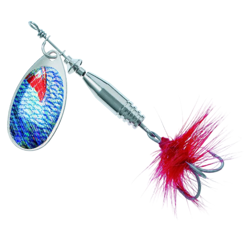 A fishing spinnerbait lure with a metallic silver body, a blue and red patterned blade, and a bright red artificial hair skirt attached to a hook, shown on a plain white background.