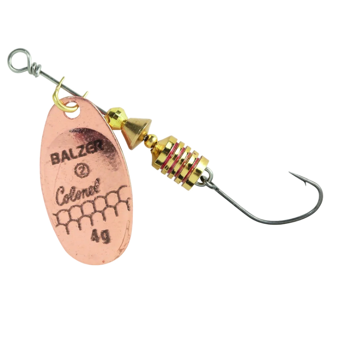 A Balzer Colonel 4g fishing spinnerbait lure with a copper-colored oval blade, gold-colored metal components, and a silver wire hook on a plain white background.
