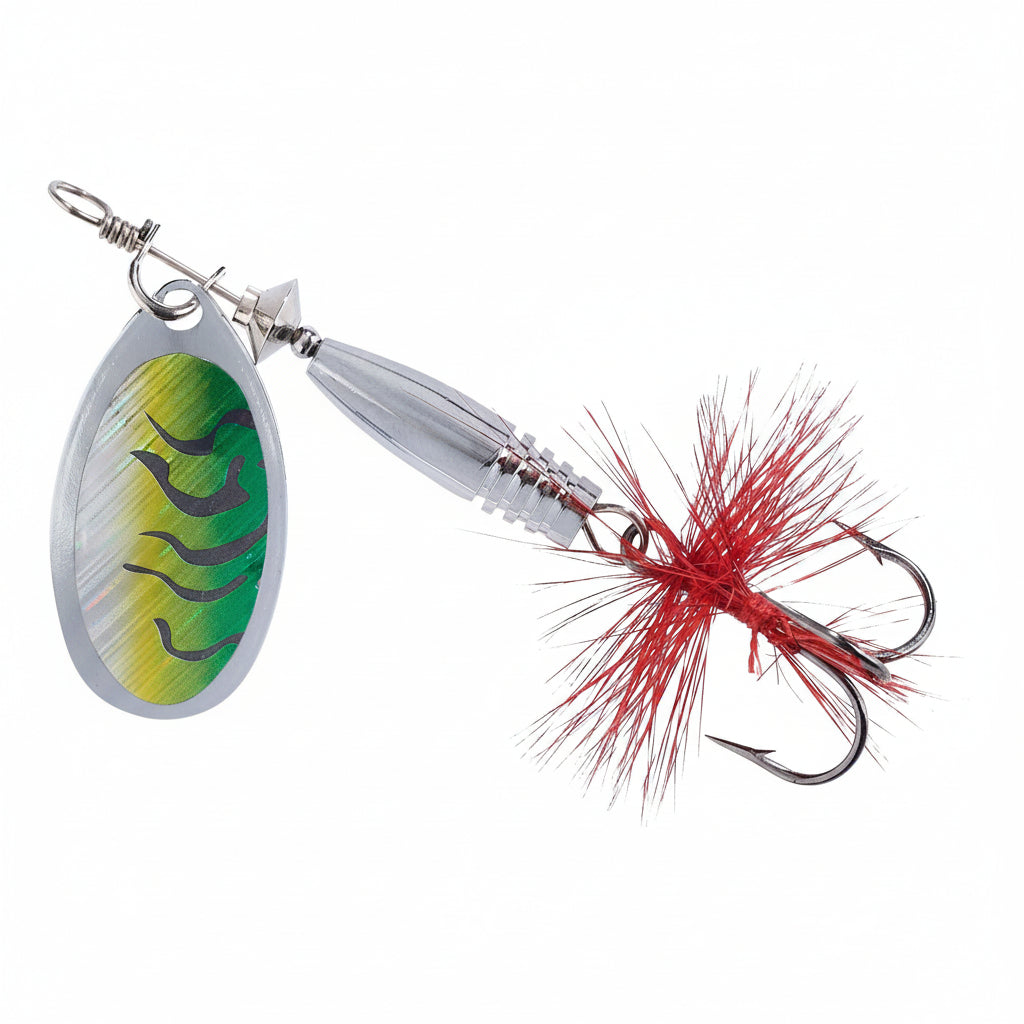 Fishing lure with green and silver body and red and black feathered tail on a white background