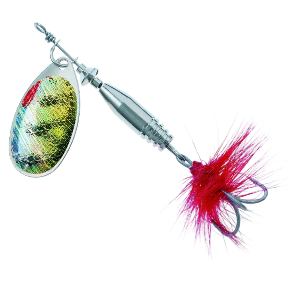 A metal spinnerbait fishing lure with a silver bullet-shaped body, a green and red patterned blade, and a bright pink artificial hair skirt attached to a hook, shown on a plain white background.