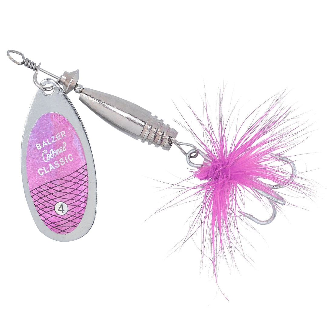 A Balzer Classic fishing spinnerbait lure with a silver metal blade, pink and purple gradient label, and a bright pink feather skirt attached to a treble hook, shown on a solid white background.