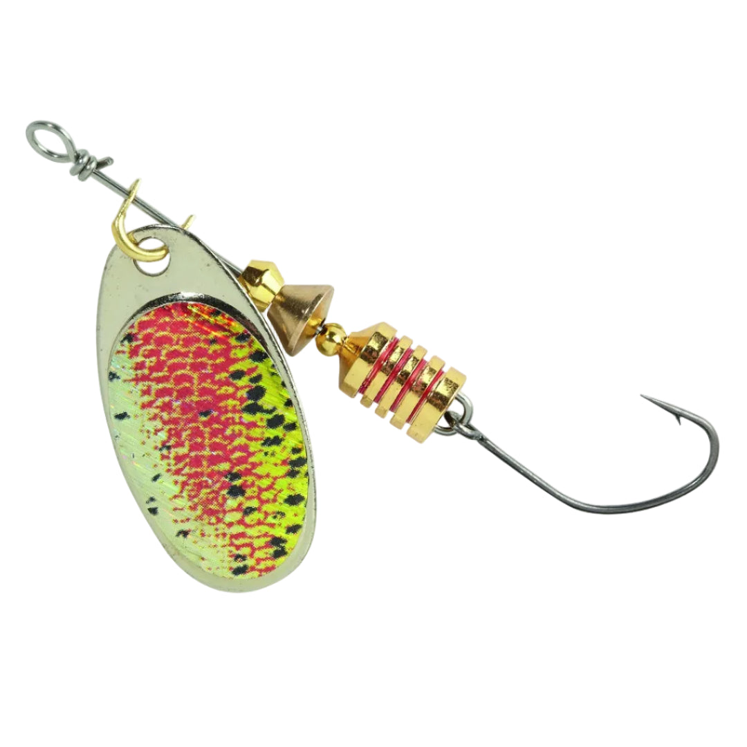 Fishing lure with a colorful body and gold accents on a white background