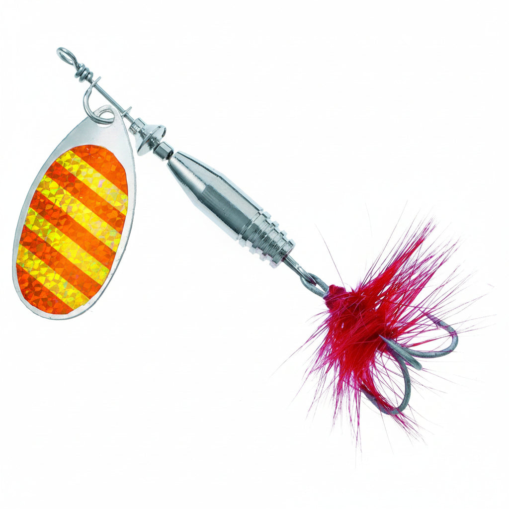 Fishing lure with pink and white striped blade and red skirt on a white background