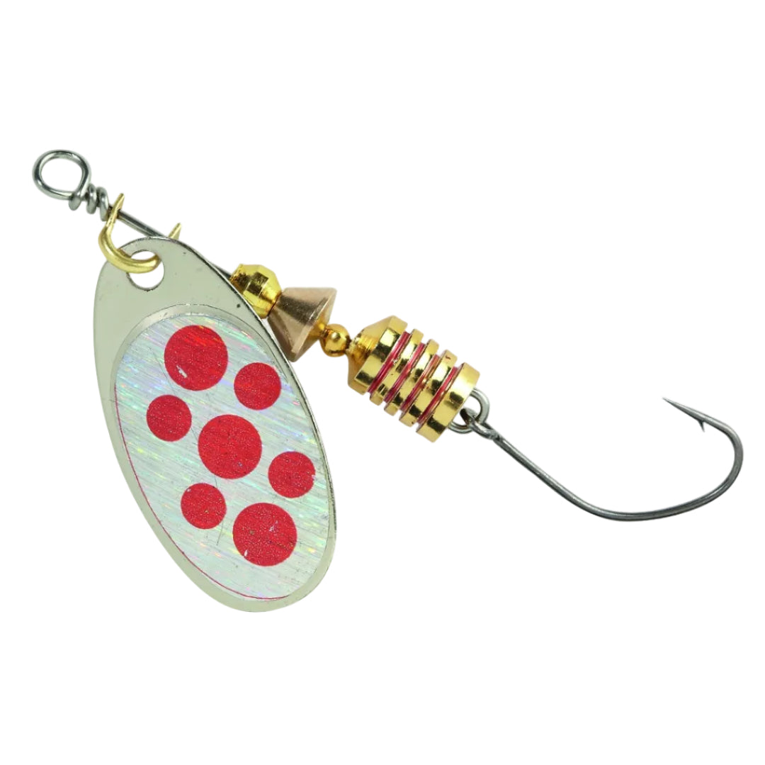 Fishing lure with red dot pattern on a white background