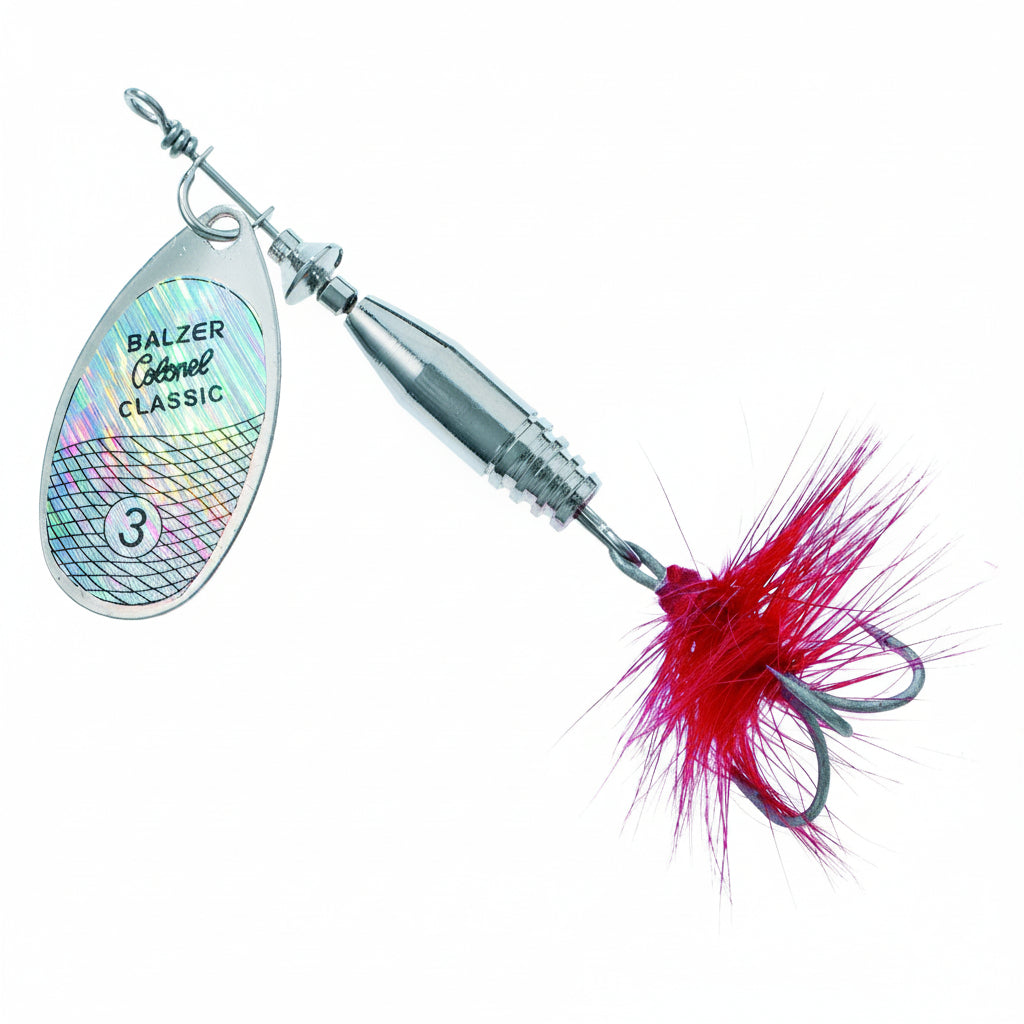 Balzer Colonel Classic fishing lure with a colorful blade and red skirt on a white background
