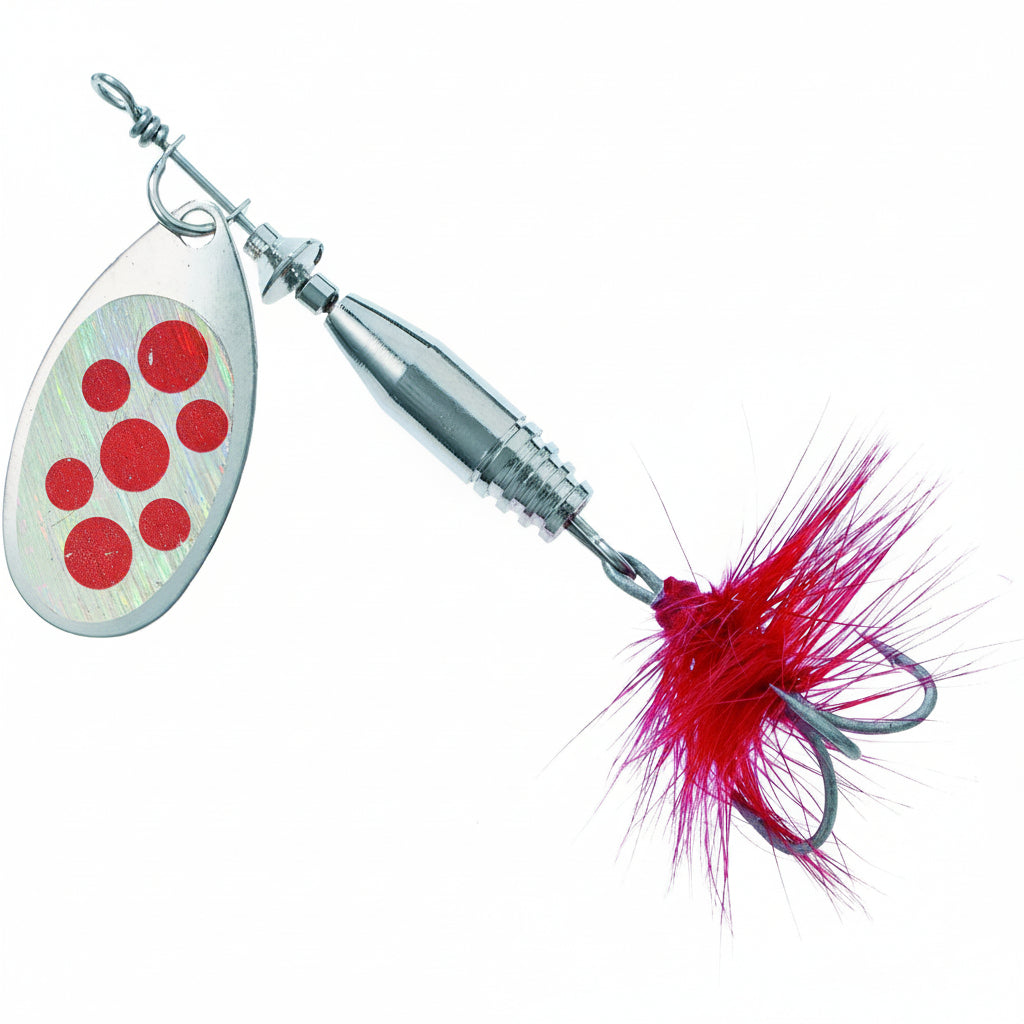 Fishing lure with red and white design on a white background