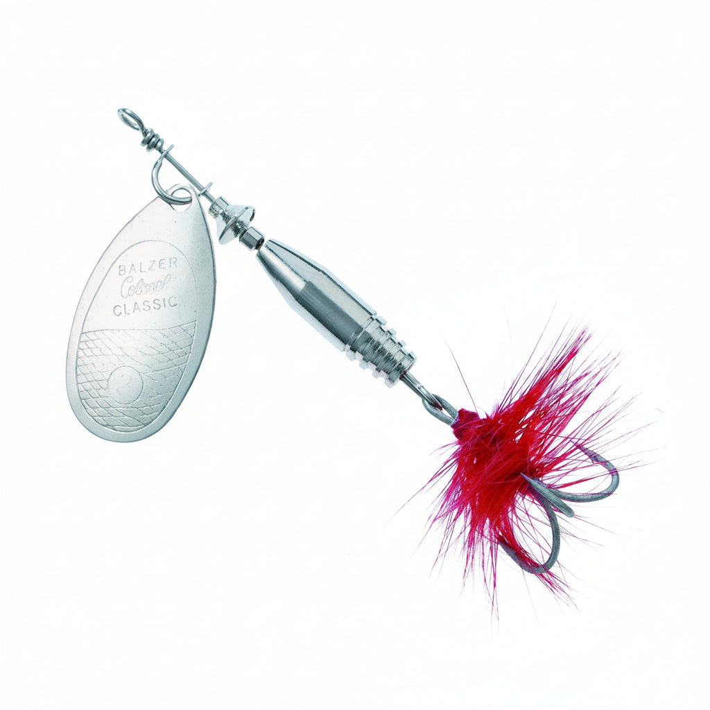 A Balzer Classic fly fishing jig lure with a silver metal blade, spinner body, and treble hook attached to a bright red feather skirt, shown on a plain white background.