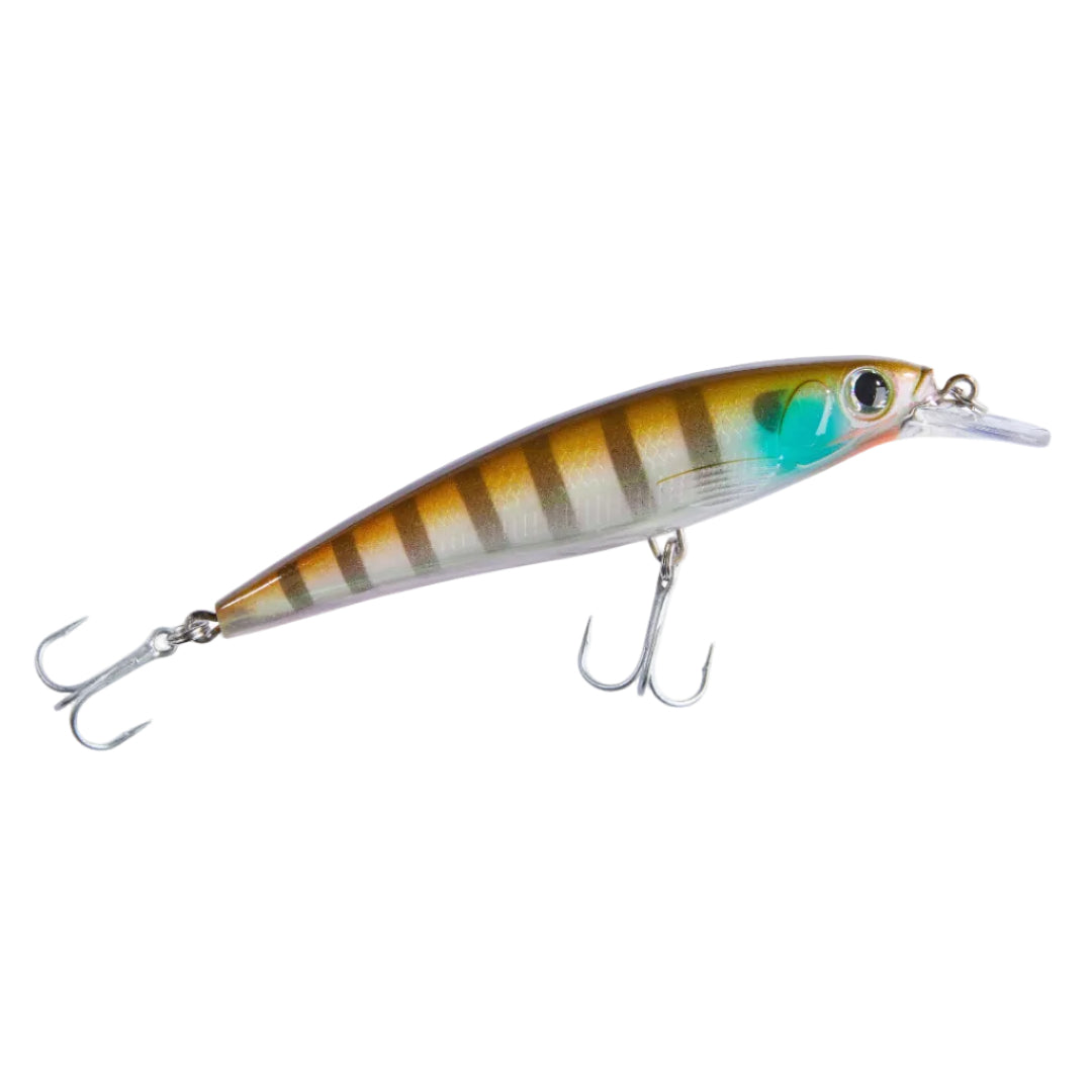 Fishing lure with striped body and treble hooks on a white background
