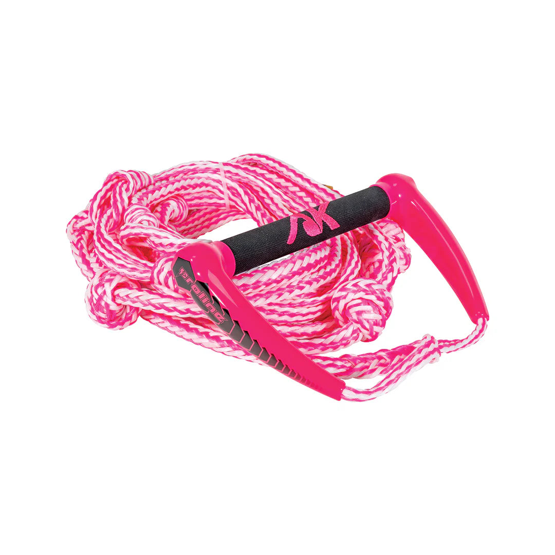 Pink wakesurf rope with handle on a white background