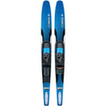 Pair of blue and black water skis with bindings on a white background