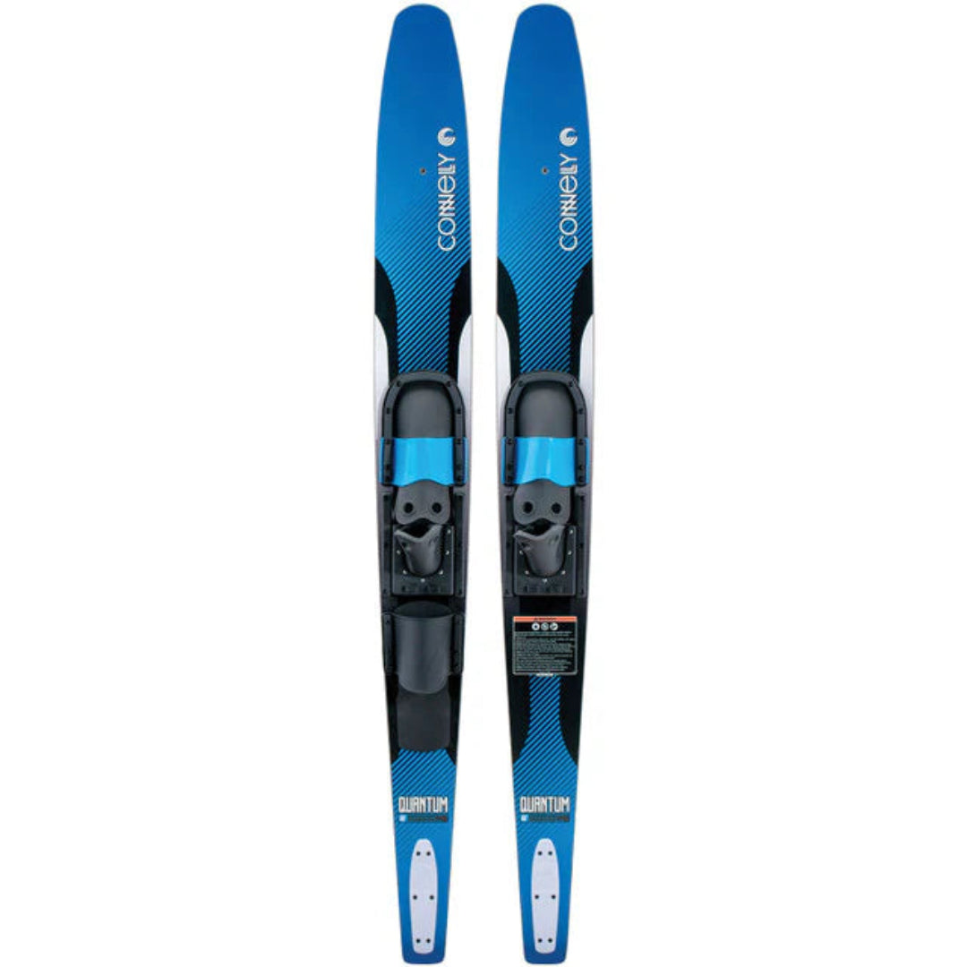 Pair of blue and black water skis with bindings on a white background