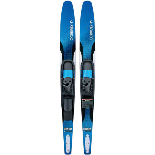 Pair of blue and black water skis with bindings on a white background